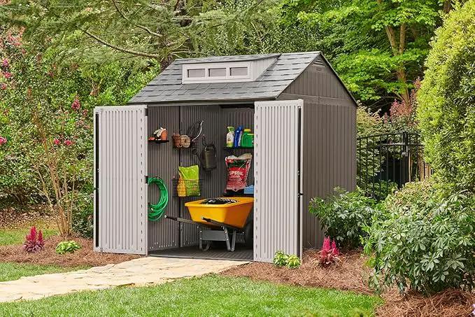 Rubbermaid Large Resin Outdoor Storage Shed With Floor (7 x 7 Ft.), Weather Resistant, Brown, Organization for Home/Lawn Mower/Backyard Equipment/Bike Storage/Pool Supplies by GreenHaven Gardens