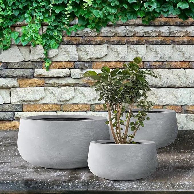 Kante 19.6",15.7",11.8" Dia Round Concrete Planters Set of 3, Cement Plant Pots with Drainage Hole and Rubber Plug for Outdoor Indoor Garden Home, Modern Curvaceous Design, Gray by GreenHaven Gardens