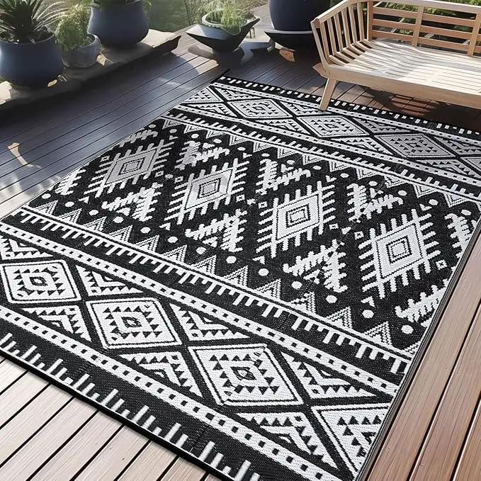 OLANLY Outdoor Rug Waterproof 6x9 ft, Reversible Outdoor Plastic Straw Rug, Boho Patio Rug, Indoor Outdoor Carpet, RV Mat Outside for Patio, Camp, Picnic, Balcony, Deck, Backyard, Black & White by GreenHaven Gardens
