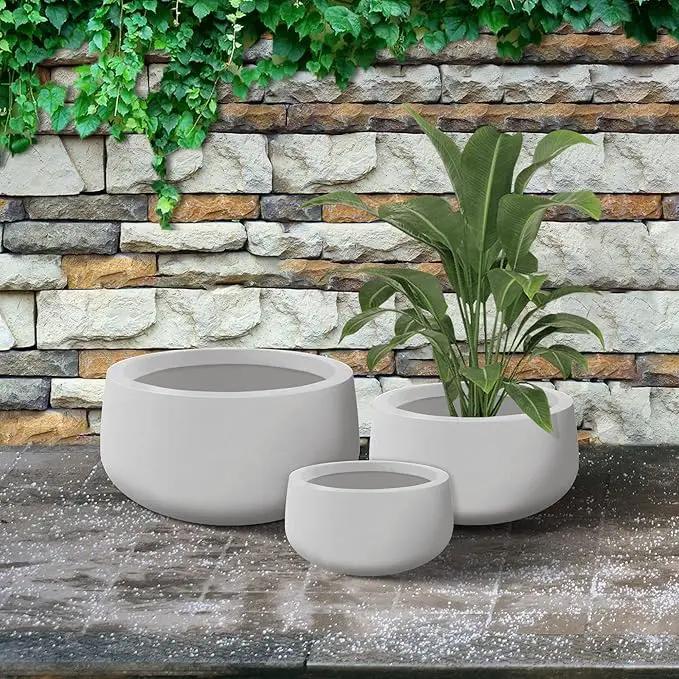 Kante 19.6",15.7",11.8" Dia Round Concrete Planters Set of 3, Outdoor Indoor Garden Plant Pots with Drainage Hole and Rubber Plug, Modern Curvaceous Design, Pure White by GreenHaven Gardens