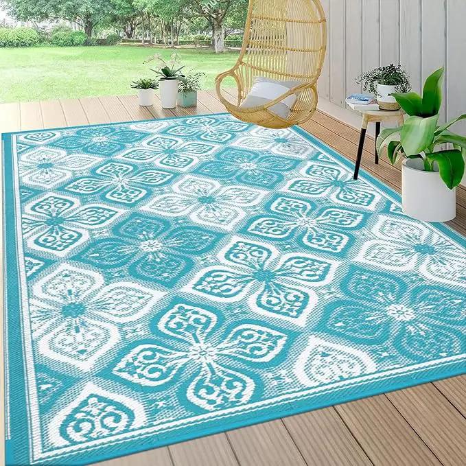 Pauwer Waterproof Outdoor Rug 6x9, Reversible Plastic Straw Patio Camping Rug, Indoor Outdoor RV Mat Carpet for Deck, Camper, Porch, Balcony, Backyard, Picnic, Clover Teal by GreenHaven Gardens