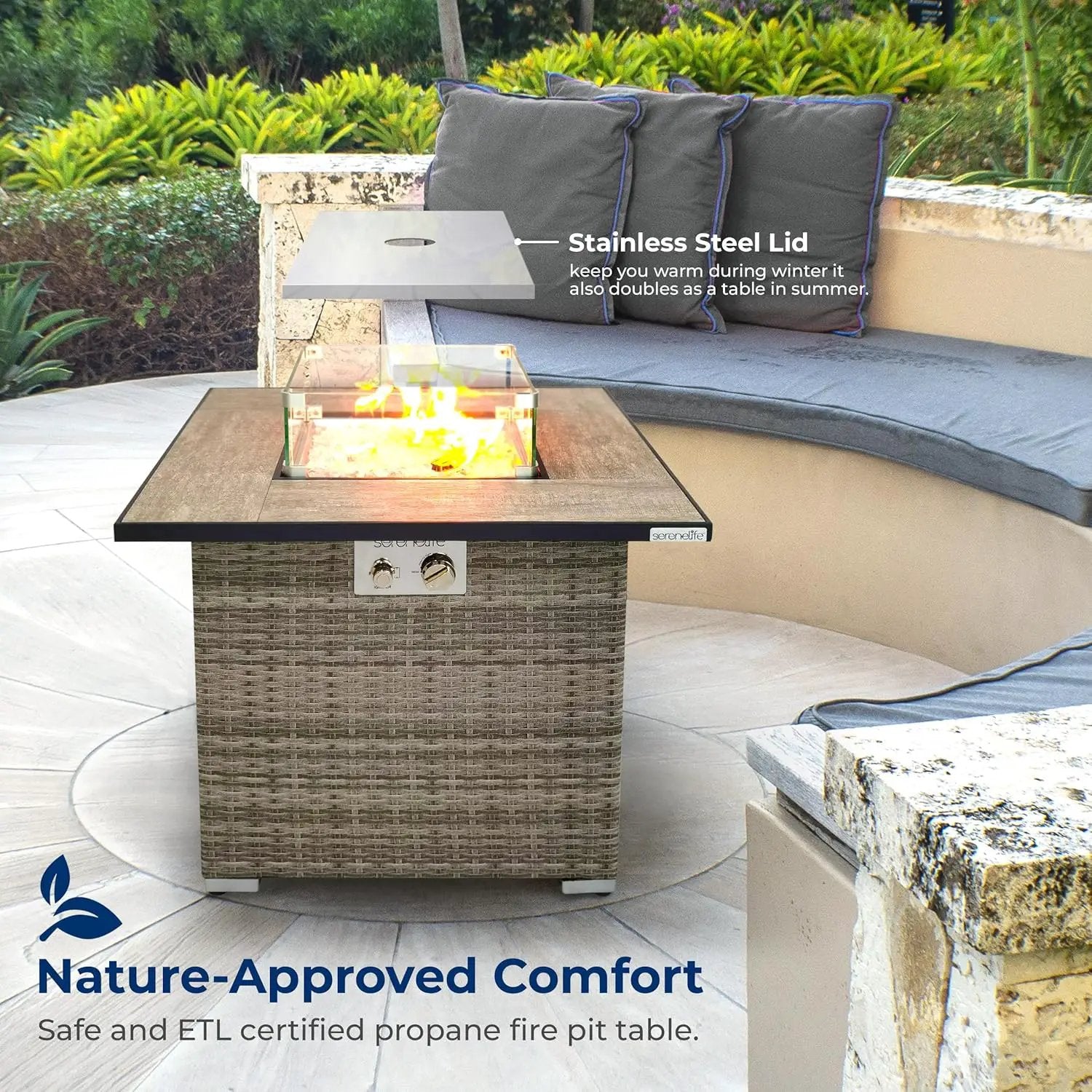SereneLife Outdoor Propane Fire Pit Table - CSA/ETL Certified Safe 50,000 BTU Pulse Ignition Weatherproof Square Wicker Propane Gas Fire Table w/Tile Tabletop Adjustable Flame - Glass Rocks by GreenHaven Gardens