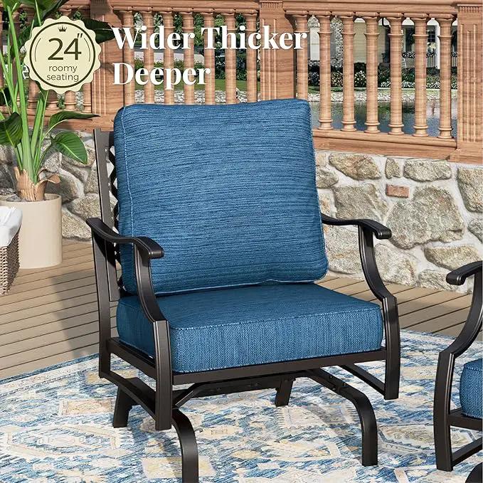 Patio Furniture Set with Fire Pit Table, 5 Pcs Metal Outdoor Conversation Set, 4 Rocking Chairs with 5.75" Extra Thick Cushion and 28" Fire Pit Table for Backyard Deck, Green Blue by GreenHaven Gardens