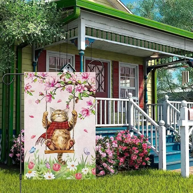 Heyfibro Spring Cute Cat Welcome Garden Flag 12x18 Inch Double Sided Burlap Butterfly Floral Yard Flag for Seasonal Holiday Farmhouse Outdoor Decor(ONLY FLAG) by GreenHaven Gardens