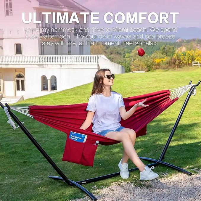 PNAEUT Double Hammocks with Stand for Outside, Portable Space Saving Heavy-Duty Steel Stand for Indoor Outdoor Patio with Carrying Bag, 450 lbs Capacity (Cherry) by GreenHaven Gardens