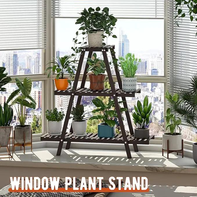 Plant Stand Indoor Plant Shelf Outdoor bamboo Plant Rack, 3 Tiers Ladder Plant Holder Flower Stand for Living Room Balcony Garden Patio,Living Room Boho Home Decor for Gardening Gifts (Brown) by GreenHaven Gardens
