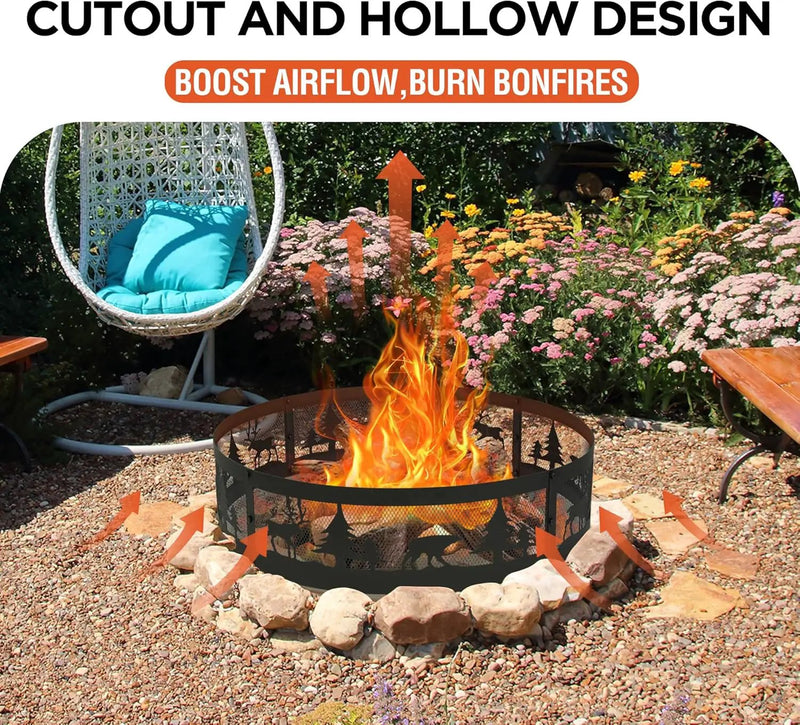 Red Mountain Valley 36 Inch Fire Pit Ring with 360° Forest & Wildlife Design, Portable Steel Wood Burning Firepit Ring for Outdoor Camping, Bonfires, Beach,Patio, fire Pit kit, Black by GreenHaven Gardens