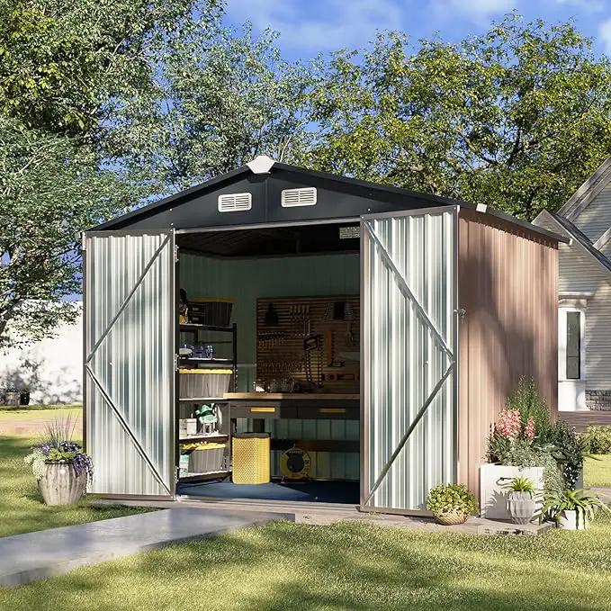 Aoxun 7x5 FT Outdoor Storage Shed with Floor Garden Metal Shed with Lockable Door Outdoor Large Shed for Tool, Garbage Can, Bike, Mower, Brown by GreenHaven Gardens