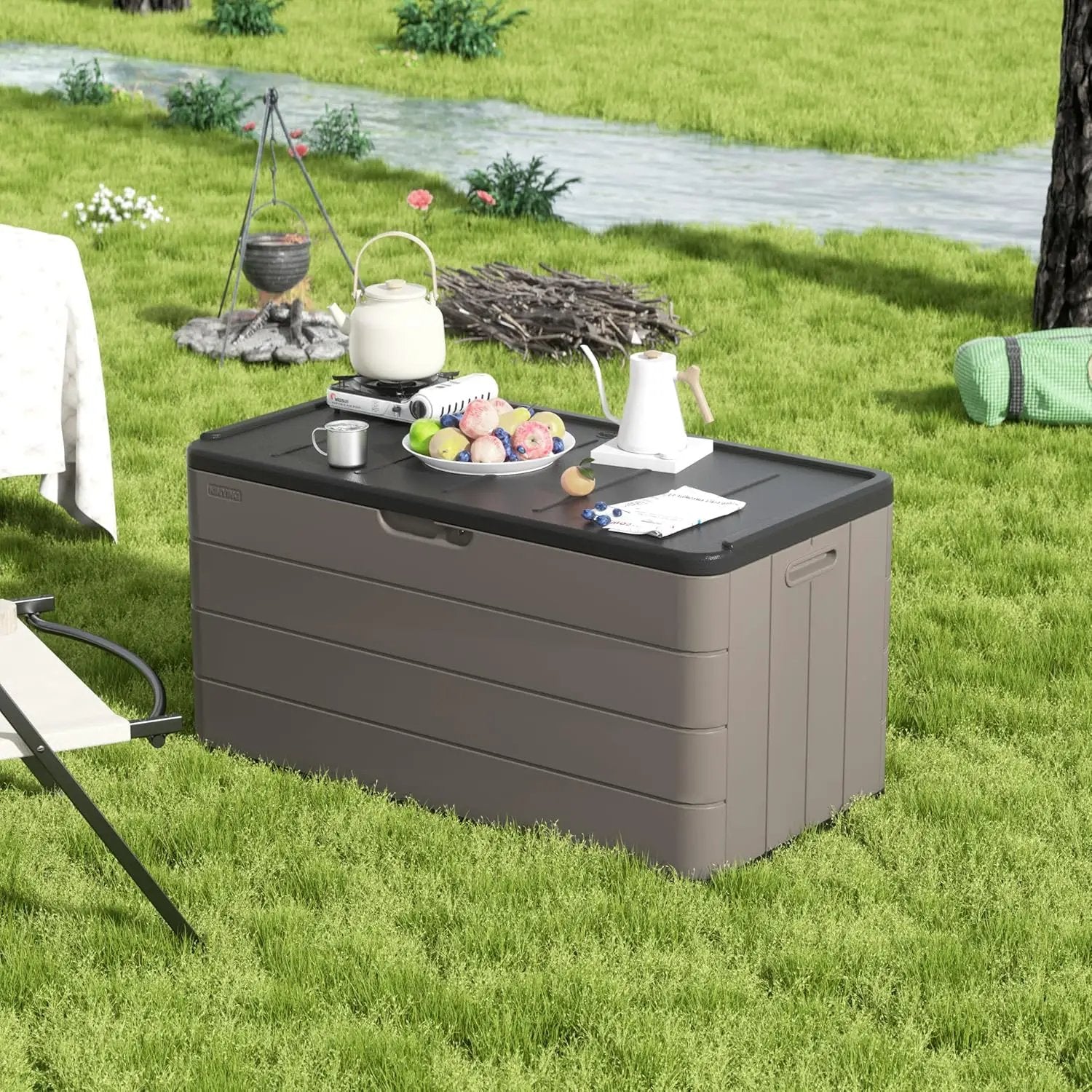 100 Gallon Large Resin Deck Box - Lockable Waterproof Outdoor Storage Bench for Patio Cushions, Garden Tools & Pool Accessories - Wood-Look Texture, Weather-Resistant for Backyard & Porch by GreenHaven Gardens