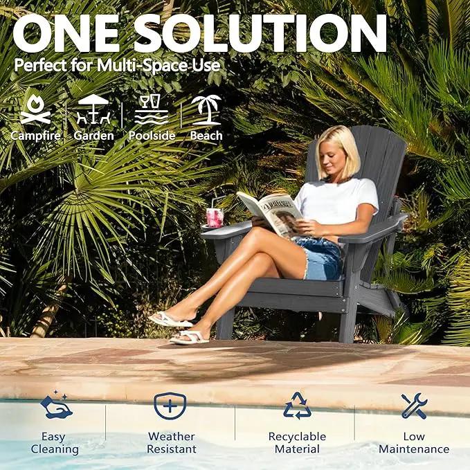 Folding Adirondack Chair Set of 3 with Cup Holder, HDPE All Weather Resistant Plastic Outdoor Patio Chairs, Heavy Duty Fire Pit Seating for Backyard Lawn Garden, Wooden Textured Design(Gray) by GreenHaven Gardens