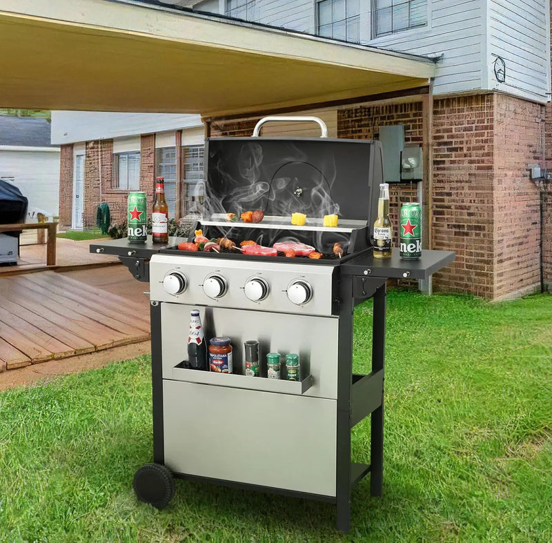 4-Burner Propane Gas Grill, 34,200 BTU Outdoor BBQ Grill with Stainless Steel Warming Rack & Enameled Cooking Grids – Foldable Side Tables, Built-in Thermometer, Hanging Basket – Heavy-Duty 6" Wheels by GreenHaven Gardens
