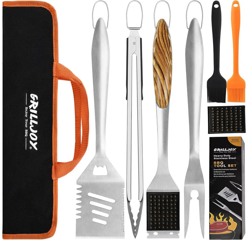 Grilljoy 8PCS Heavy Duty BBQ Grill Tools Set with Extra Thick Stainless Steel Spatula, Fork, Tongs & Cleaning Brush - Complete Barbecue Accessories Kit with Portable Bag - Perfect Grill Gifts for Men by GreenHaven Gardens