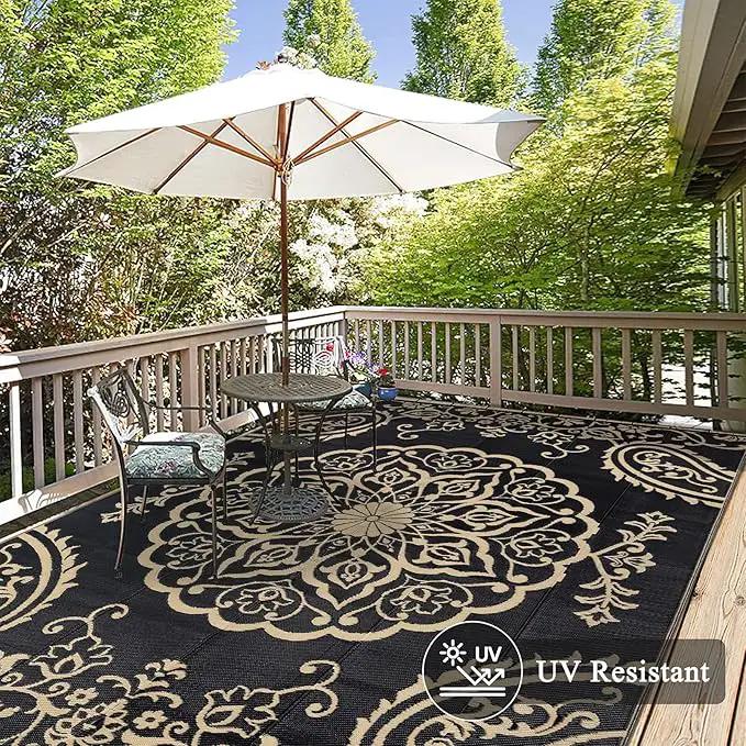 Pauwer Waterproof Outdoor Rug 6x9, Reversible Plastic Straw Patio Camping Rug, Indoor Outdoor RV Mat Carpet for Deck, Camper, Porch, Balcony, Backyard, Picnic, Boho Black Brown by GreenHaven Gardens