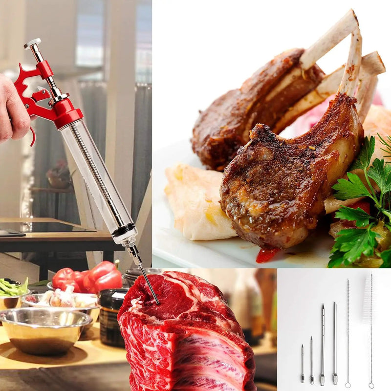 Meat Injector Marinade Gun Stainless Steel Outdoor Kit Flavor Food Syringes & 4 Marinades Needles for BBQ Grill Smoker Injectors Professional Syringe Held Culinary Barbecue Tool by GreenHaven Gardens