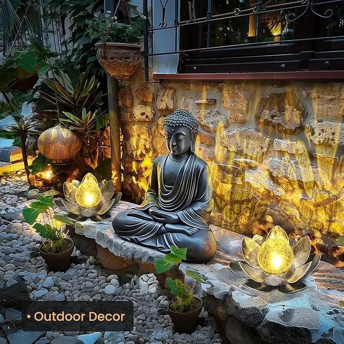 GIGALUMI Solar Light Outdoor Garden Decor, Lotus Flower Light Crackle Globe Glass Lantern Outdoor Table Decor Waterproof for Patio, Lawn, Pathway, Pool, Pond (Grey Petal) by GreenHaven Gardens