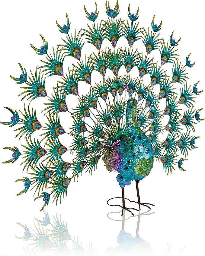 Alpine Corporation HEH376 Jumbo Sized Iron Majestic Peacock Decor, Elegant Garden & Patio Bird Statue, 55" H, Green by GreenHaven Gardens