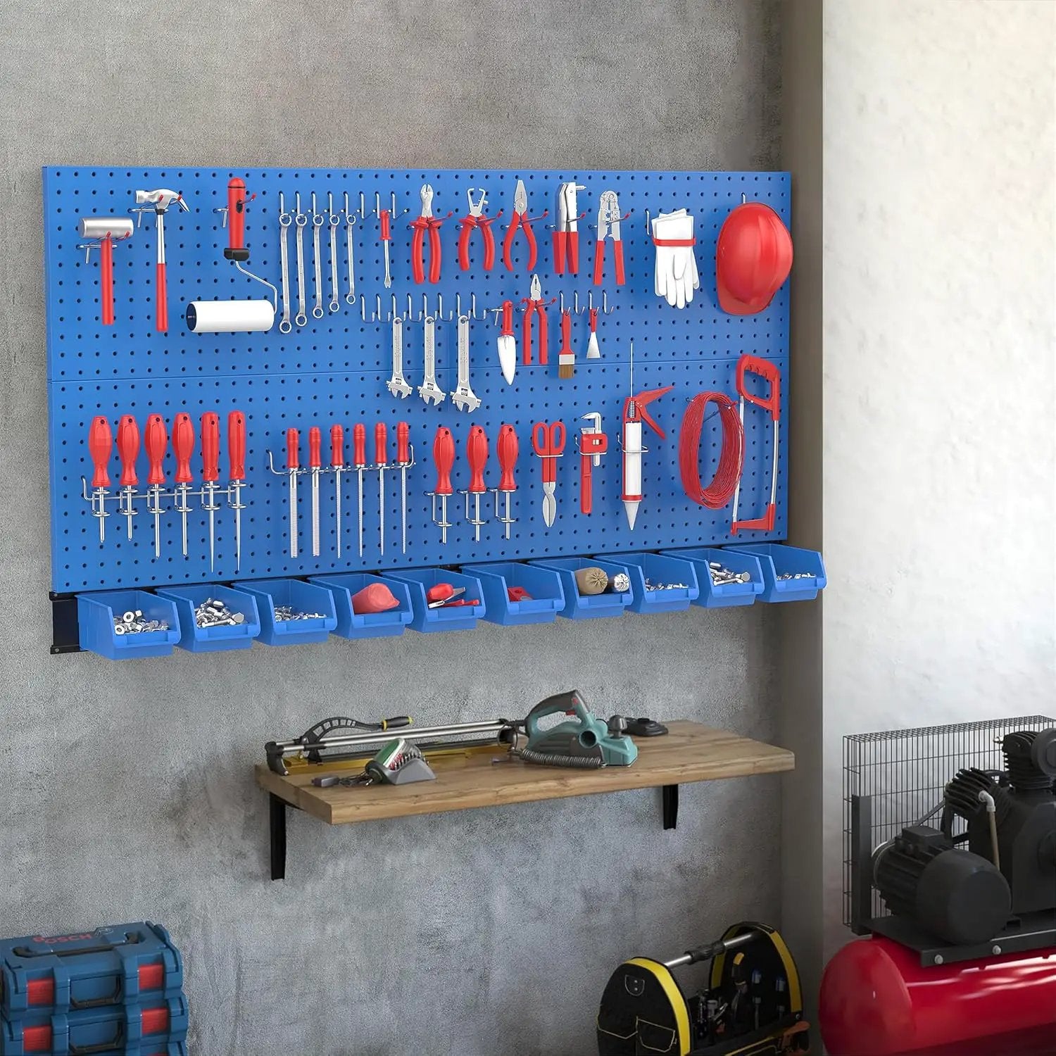 Ultrawall Pegboard Wall Organizer, Blue Metal Peg Board Panels, Garage Storage System with Hooks and Storage Bins, 59pcs by GreenHaven Gardens