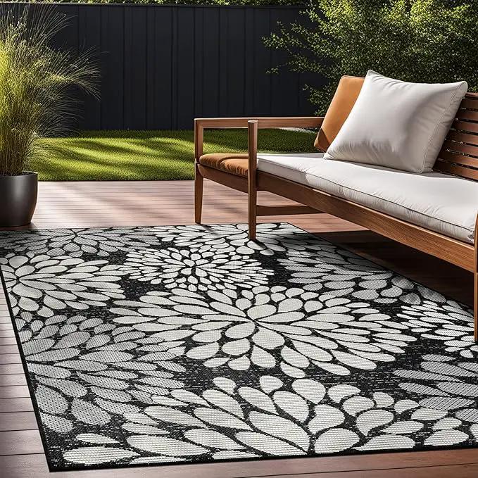 Beverly Rug Outdoor Rug 6x9 Modern Exotic Tropical Leaf Area Rugs for Indoor and Outdoor Patio Deck Porch Garden Water Resistant Washable Outside Carpet (6 x 9 Dark Gray) by GreenHaven Gardens