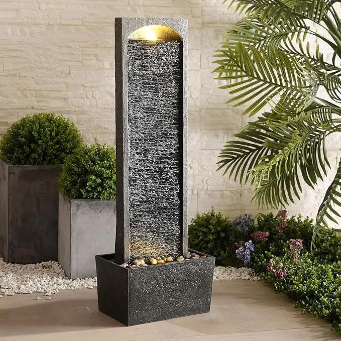 Teamson Home 38.5" Faux Slate Contemporary Outdoor LED Waterfall Fountain with Pebble Base, Gray/Black by GreenHaven Gardens