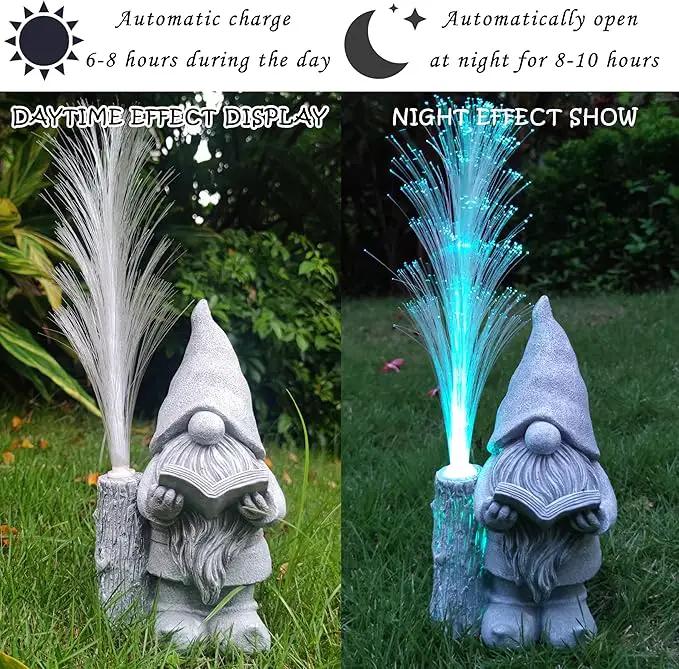 Gnomes Statue Solar Garden Decor,Resin Gnome Statues and Colour Changing Optical Fiber Solar Lights,Outdoor Decoration for Balcony, Garden, Patio, Yard, Lawn, Gifts for Mom Grandma by GreenHaven Gardens
