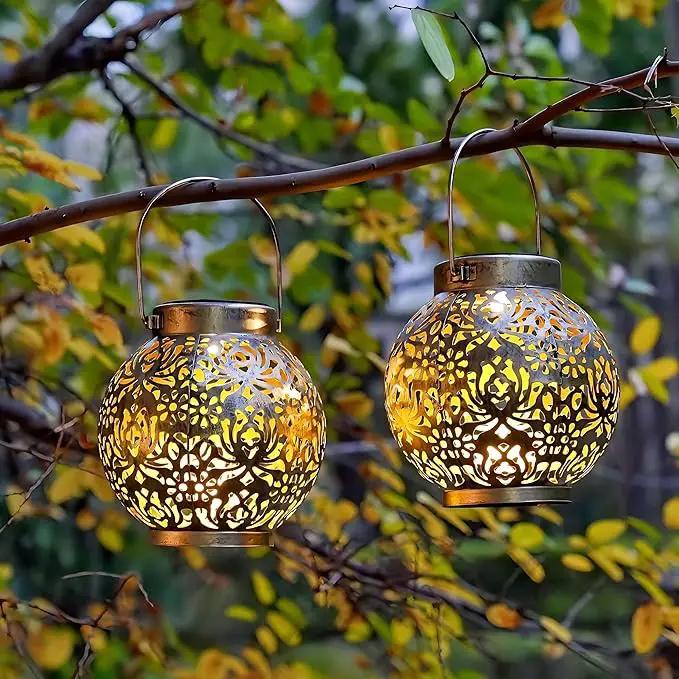 Set of 2 Outdoor Solar Hanging Lantern Lights Metal LED Decorative Lamp for Garden Patio Courtyard Lawn and Table with Hollowed-Out Design (Antique Bronze) by GreenHaven Gardens