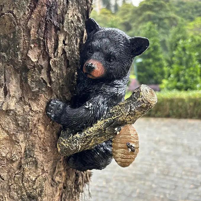 Black Bear Cub Tree Hugger Decor Outdoor Sculpture, Baby Bear Hanging Up a Tree Statue Garden Peeker, Adorable Cute Resin Tree Hugger Bear Face for Gifts and Garden Decor by GreenHaven Gardens