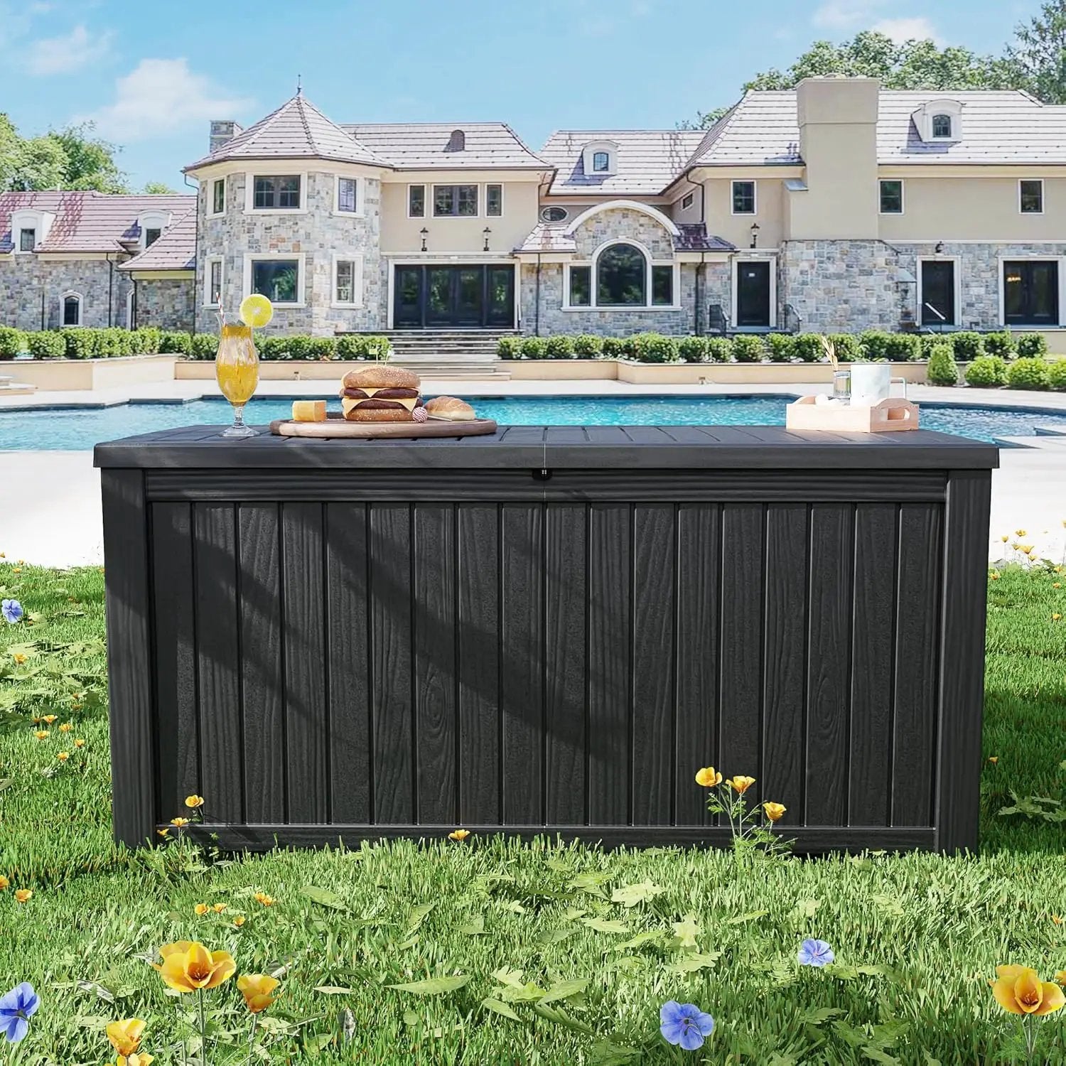 200 Gallon Black Resin Deck Box - Lockable, Waterproof & UV-Resistant Outdoor Storage for Patio Furniture, Garden Tools, Pool Floats - Heavy-Duty Utility Container for Decks by GreenHaven Gardens