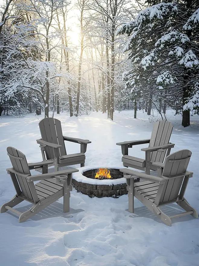 KINGYES Folding Adirondack Chair Set of 2, Dual Cup Holders & All-Weather HDPE, Wood-Like Patio Chair for Backyard, Camping, Pool & Fire Pit, Grey by GreenHaven Gardens