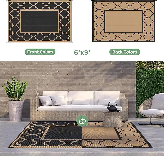 GENIMO 6' x 9' Outdoor Rug Waterproof for Patio Decor, Foldable Reversible Plastic Straw Area Rugs Mat for Camper, Outside Carpet for Rv, Deck, Porch, Picnic, Beach, Balcony, Black & Brown by GreenHaven Gardens