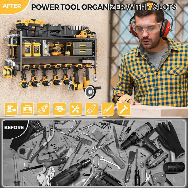LBT Large Power Tool Organizer Wall Mount with Pegboard, Heightening Garage Power Tool Storage with 7 Cordless Drill Holder, Heavy Duty Metal Tool Shelf Battery Storage, Gifts For Men Father Husband by GreenHaven Gardens