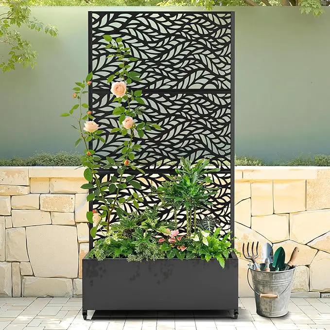 Raised Garden Bed with Trellis and Wheels,73"x35"x16" Metal Raised Garden Bed,Black Flowing Leaf Metal Planter with Climbing Trellis for Vines & Vegetables by GreenHaven Gardens