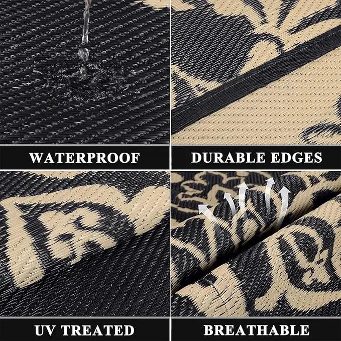 Pauwer Waterproof Outdoor Rug 6x9, Reversible Plastic Straw Patio Camping Rug, Indoor Outdoor RV Mat Carpet for Deck, Camper, Porch, Balcony, Backyard, Picnic, Boho Black Brown by GreenHaven Gardens