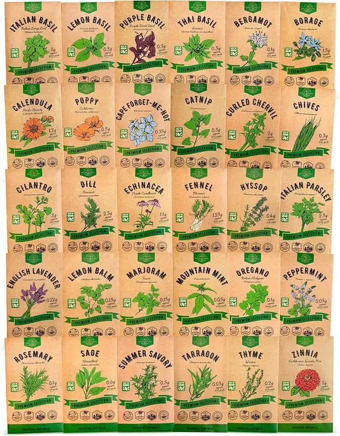 Organo Republic 30 Culinary Herbs & Edible Flower Seed Variety Pack- Indoor/Outdoor. 14000+ Non-GMO Heirloom Flower Seeds: Basil, Borage, Echinacea, Lavender, Oregano, Rosemary Seeds & More by GreenHaven Gardens