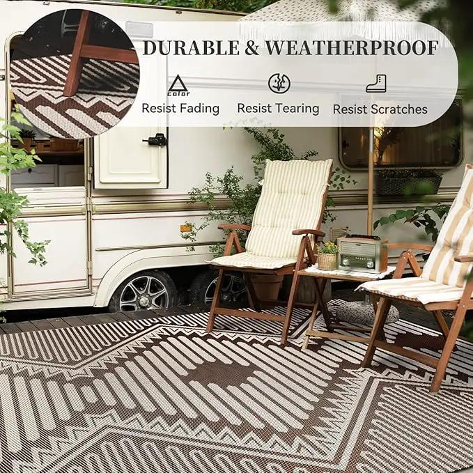 MontVoo Outdoor Rug 8x10 Waterproof Patio Rug-Outdoor Carpet Mat Reversible Plastic Straw Outside Outdoor Rug for RV Camping Picnic Balcony Backyard Pool Deck Porch Modern Boho Beige Brown by GreenHaven Gardens