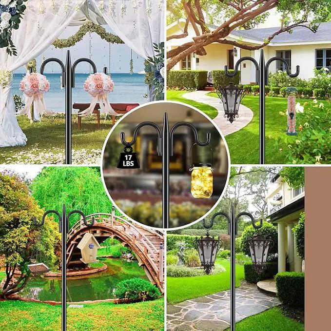 Gtongoko Bird Feeder Pole Squirrel Proof, 92 Inch Double Shepherds Hook for Outdoor with Squirrel Baffles Adjustable Heavy Duty with 5 Prongs Base for Hanging Plants, Bird Feeders, Black by GreenHaven Gardens