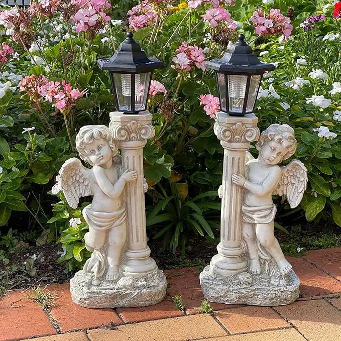 Angel Statue with Solar Lights (Left) 19.7 Inch, Outdoor Solar Angel Garden Statue with Roma Pillar for Garden Lawn Deocr, Christian Religious Gift by GreenHaven Gardens