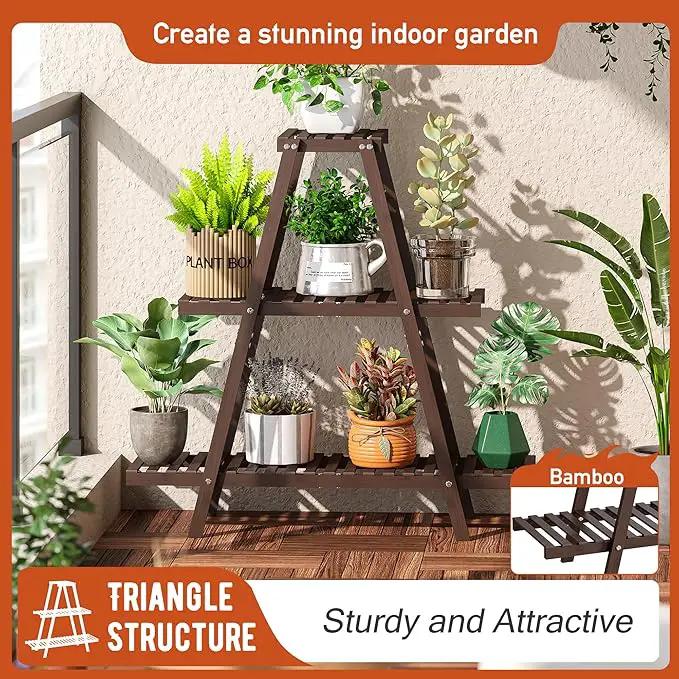 Plant Stand Indoor Plant Shelf Outdoor bamboo Plant Rack, 3 Tiers Ladder Plant Holder Flower Stand for Living Room Balcony Garden Patio,Living Room Boho Home Decor for Gardening Gifts (Brown) by GreenHaven Gardens