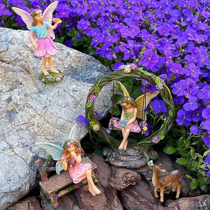 Mood Lab Fairy Garden Kit - Swing Set of 6 pcs Miniature Figurines & Accessories - Hand Painted for Outdoor or House Decor by GreenHaven Gardens