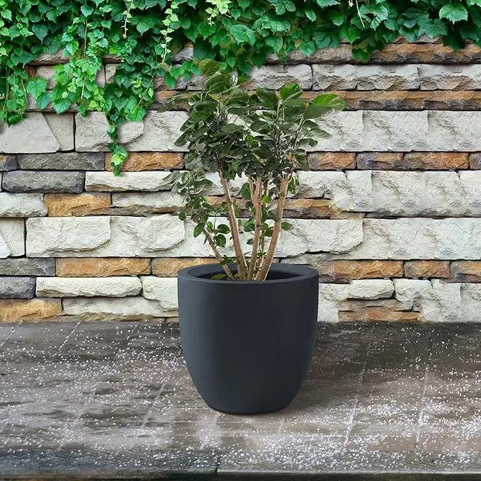 Kante 10 Inch Dia Round Concrete Planter, Indoor Outdoor Large Plant Pot with Drainage Hole and Rubber Plug for Home Patio Garden, Charcoal by GreenHaven Gardens