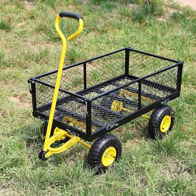 Steel Garden Cart 400 lbs Capacity with Removable Steel Mesh Sides to Convert into Flatbed, Utility Metal Wagon 180°Rotating Handle Multi-Purpose by GreenHaven Gardens