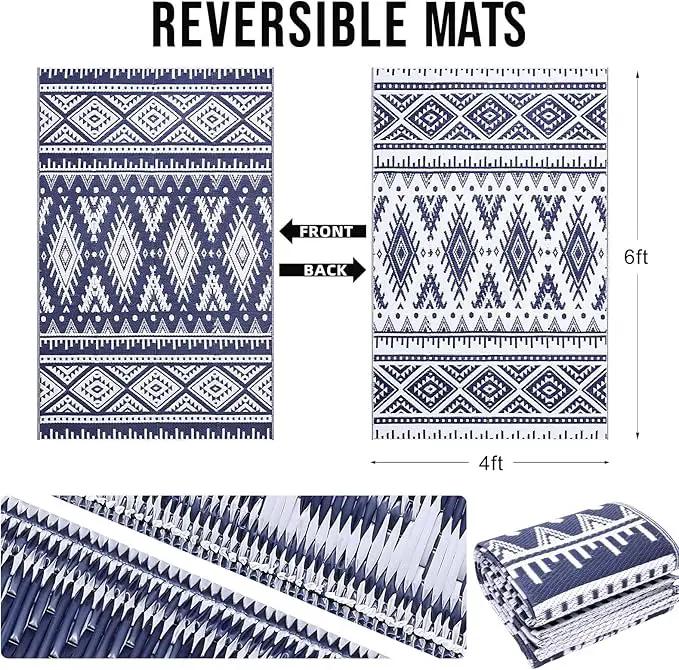OLANLY Outdoor Rug Waterproof 4x6 ft, Reversible Outdoor Plastic Straw Rug, Boho Patio Rug, Indoor Outdoor Carpet, RV Mat Outside for Patio, Camp, Picnic, Balcony, Deck, Backyard, Navy & White by GreenHaven Gardens