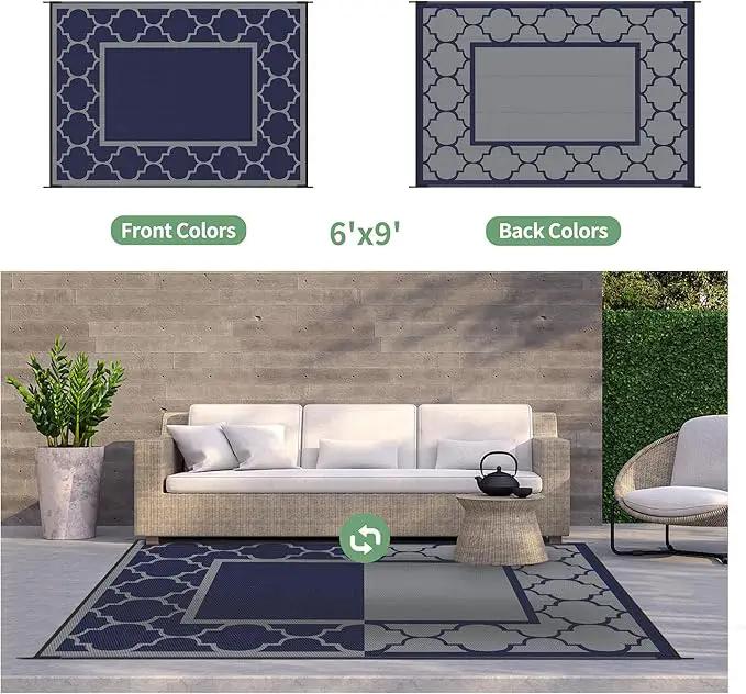 GENIMO 6' x 9' Outdoor Rug Waterproof for Patio Decor, Foldable Reversible Plastic Straw Area Rugs Mat for Camper, Outside Carpet for Rv, Deck, Porch, Picnic, Beach, Balcony, Blue & Grey by GreenHaven Gardens