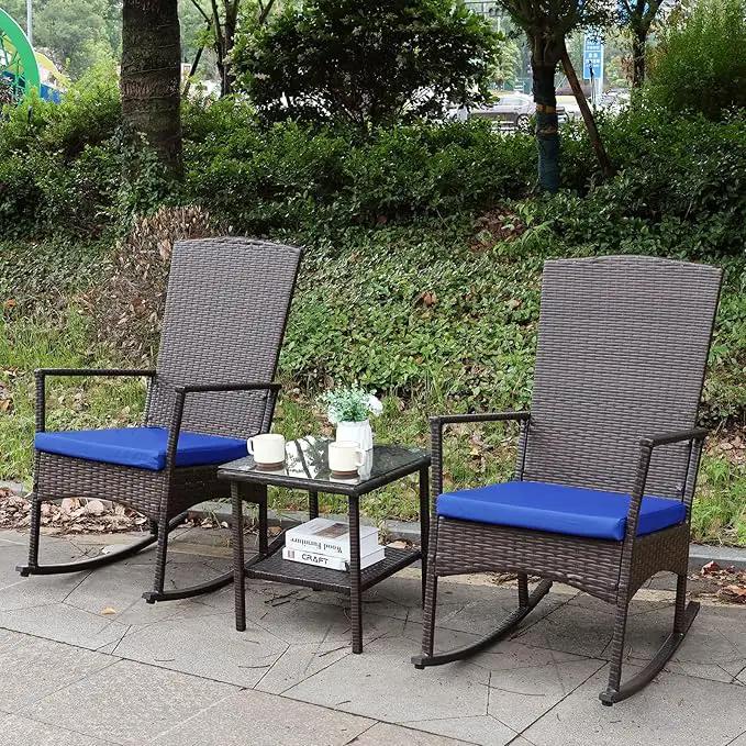 Rocking Chair Outdoor 3 Pieces High-Backed Patio Rocking Chairs Bistro Table and Chairs Set of 2, Royal Blue by GreenHaven Gardens