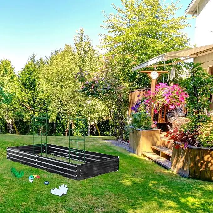 ONCEMORE Galvanized Raised Garden Bed for Vegetables Flowers Herbs, Metal Raised Garden Bed Kit with 2 PCS Tomato Cage, Gloves, Trellis Netting, Plant Labels, Plant Ties, Black 8×4×1FT