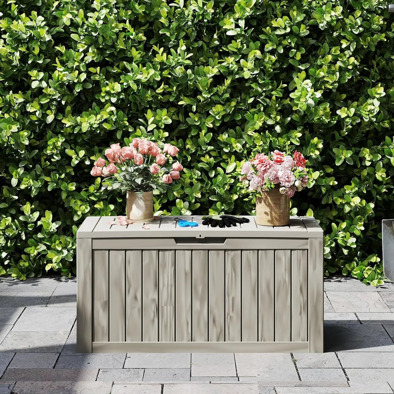 80 Gallon Coffee Resin Deck Box - Rustic Outdoor Storage for Garden Tools, Patio Essentials & Package Delivery - Weatherproof, Lockable for Farmhouse Decks by GreenHaven Gardens