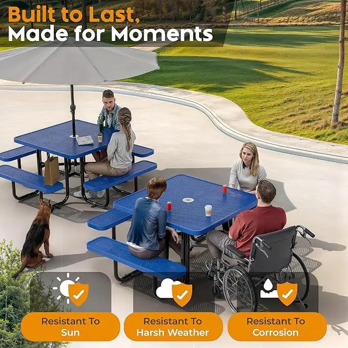 Metal Picnic Tables for Outdoors with Umbrella Hole - Coated Steel Heavy Duty Commercial Grade Table with Adjustable Seats (Blue, 46 in, Square, Punched Steel) by GreenHaven Gardens