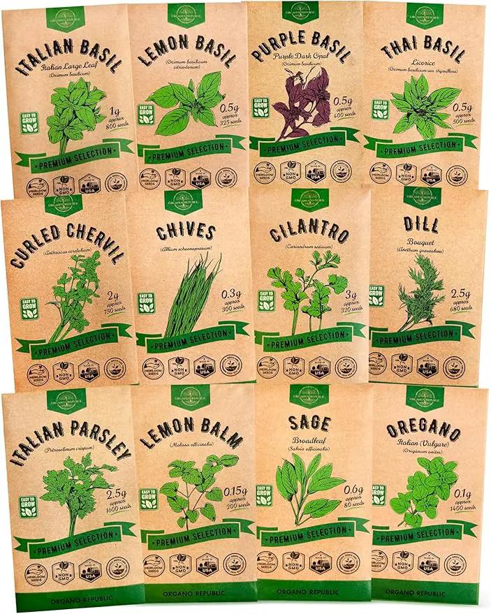 Organo Republic 12 Culinary Herbs Seeds Variety Pack - 7,355+ Heirloom, Non-GMO, Herbs Seeds for Outdoor and Indoor Home Gardening, Including Basil, Cilantro, Chives, Dill, Parsley, Sage by GreenHaven Gardens