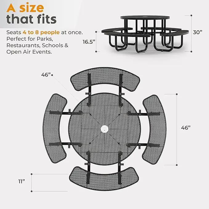 Metal Picnic Tables for Outdoors with Umbrella Hole - Coated Steel Heavy Duty Commercial Grade Table with Adjustable Seats (Black, 46 in, Round, Punched Steel) by GreenHaven Gardens
