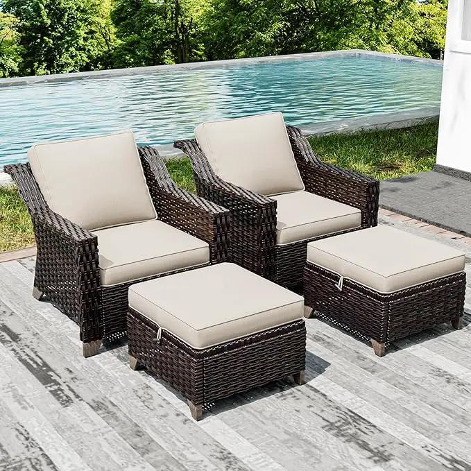 Joyside Wicker Patio Furniture Sets, 4 Pieces Upgraded Large Size Outdoor Furniture with Patio Dining Chairs and Outdoor Ottoman, Thick Cushions, Wide Armrest by GreenHaven Gardens