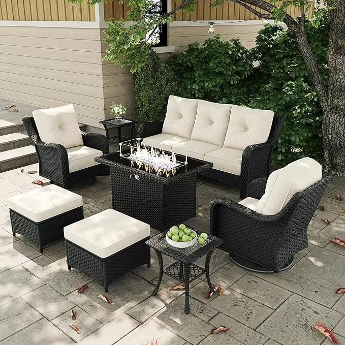 7 Pieces Outdoor Patio Furniture Sets with Rocking Swivel Chairs with 6-inch Thick Cushion and Fire Pit Table for Deck Lawn by GreenHaven Gardens